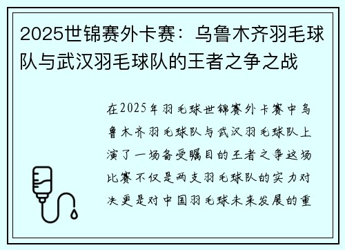 2025世锦赛外卡赛：乌鲁木齐羽毛球队与武汉羽毛球队的王者之争之战