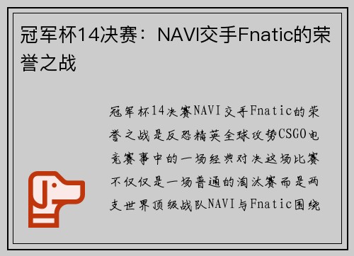 冠军杯14决赛:NAVI交手Fnatic的荣誉之战
